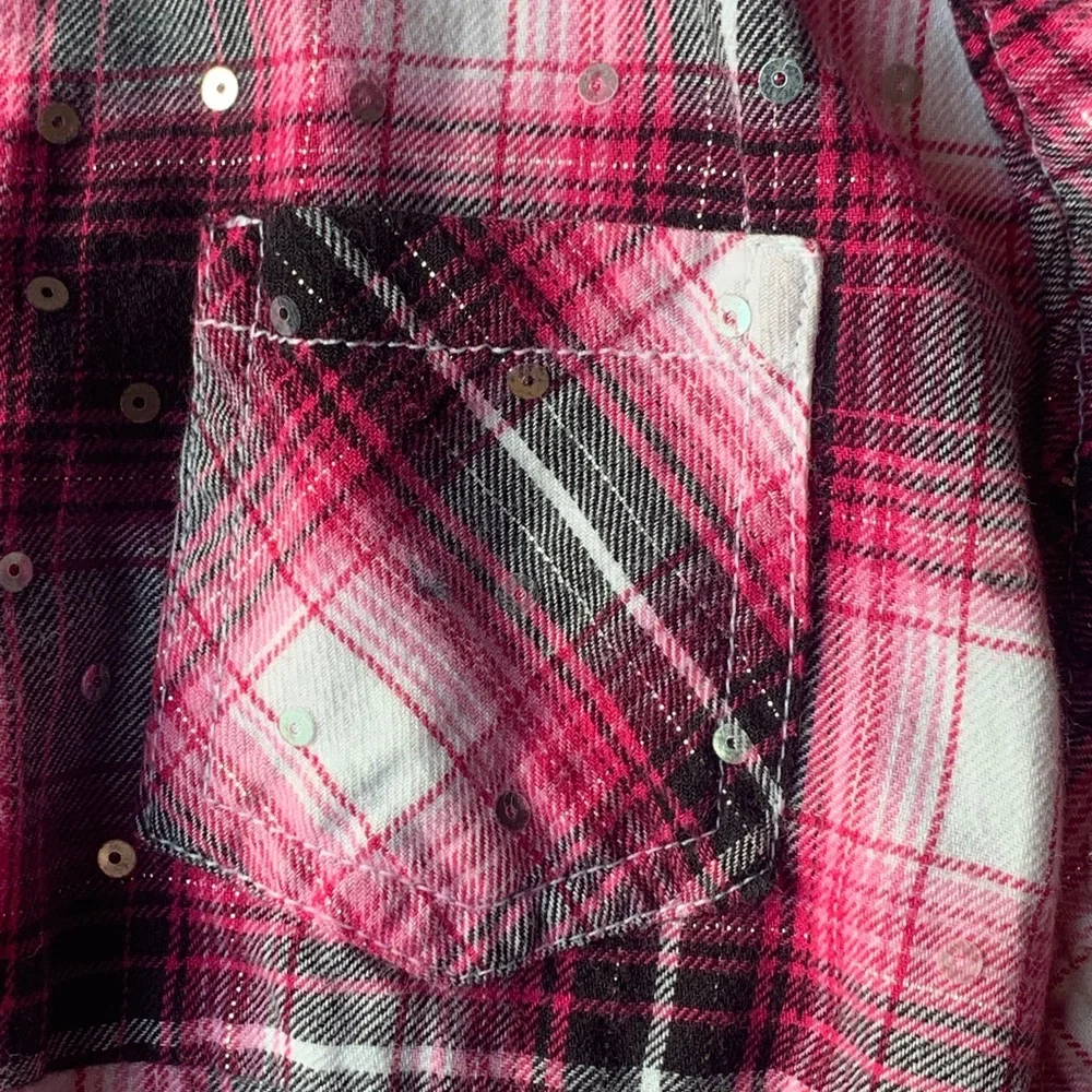 3 for $12 Justice Girls Size 7 Pink Black Silver Plaid Shirt.